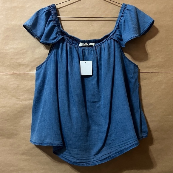 Madewell | NWT Bellamy Off The Shoulder Top Indigo Chambray Popover Size L - Picture 1 of 9